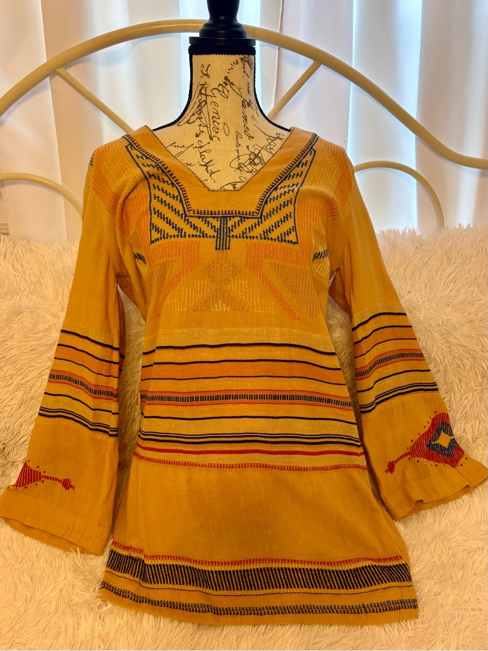 Free People Mustard Yellow Tribal Embroidered V-Neck Mini Dress/Tunic